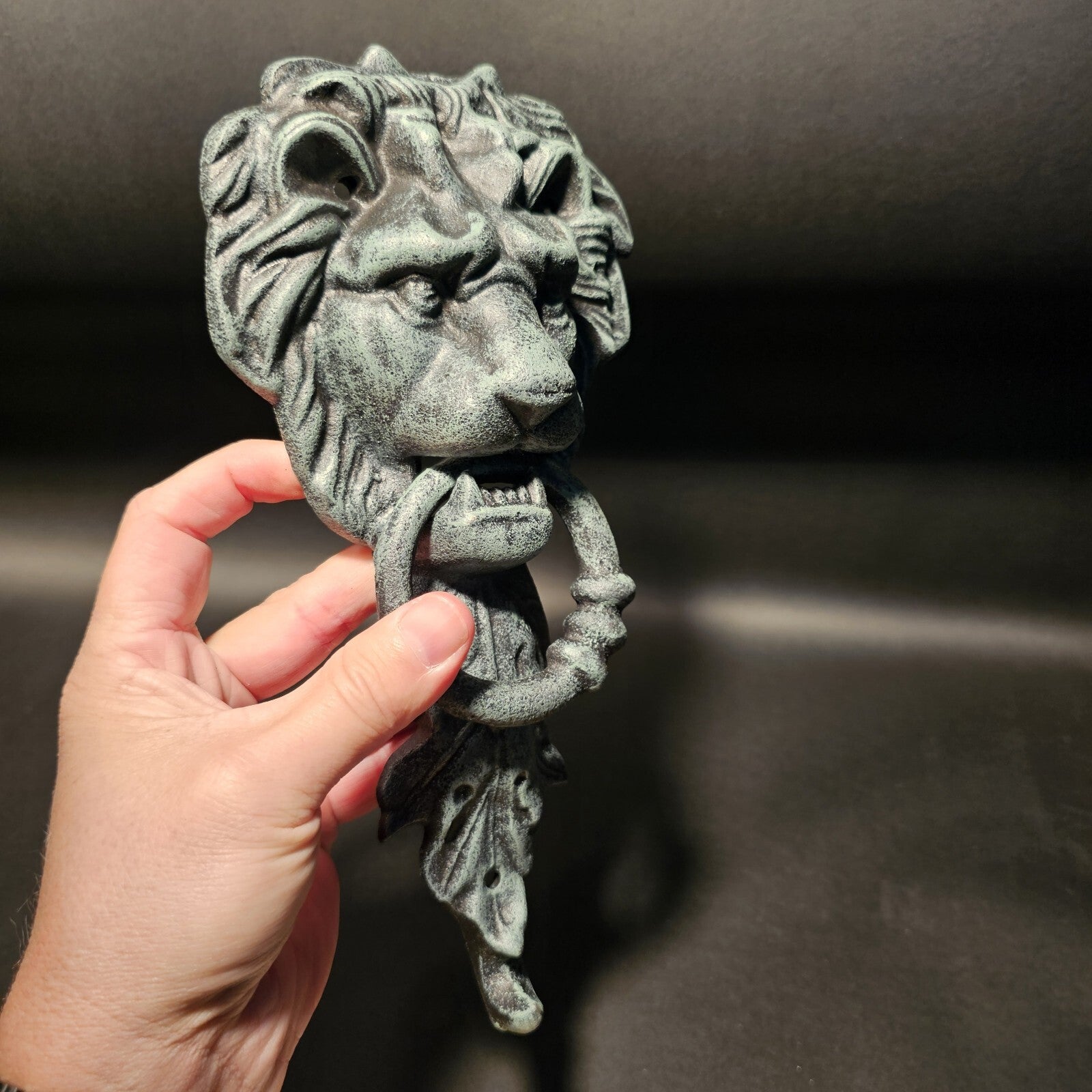 Antique Vintage Style Cast Verdi Green Iron Lion Door Knocker w Hook