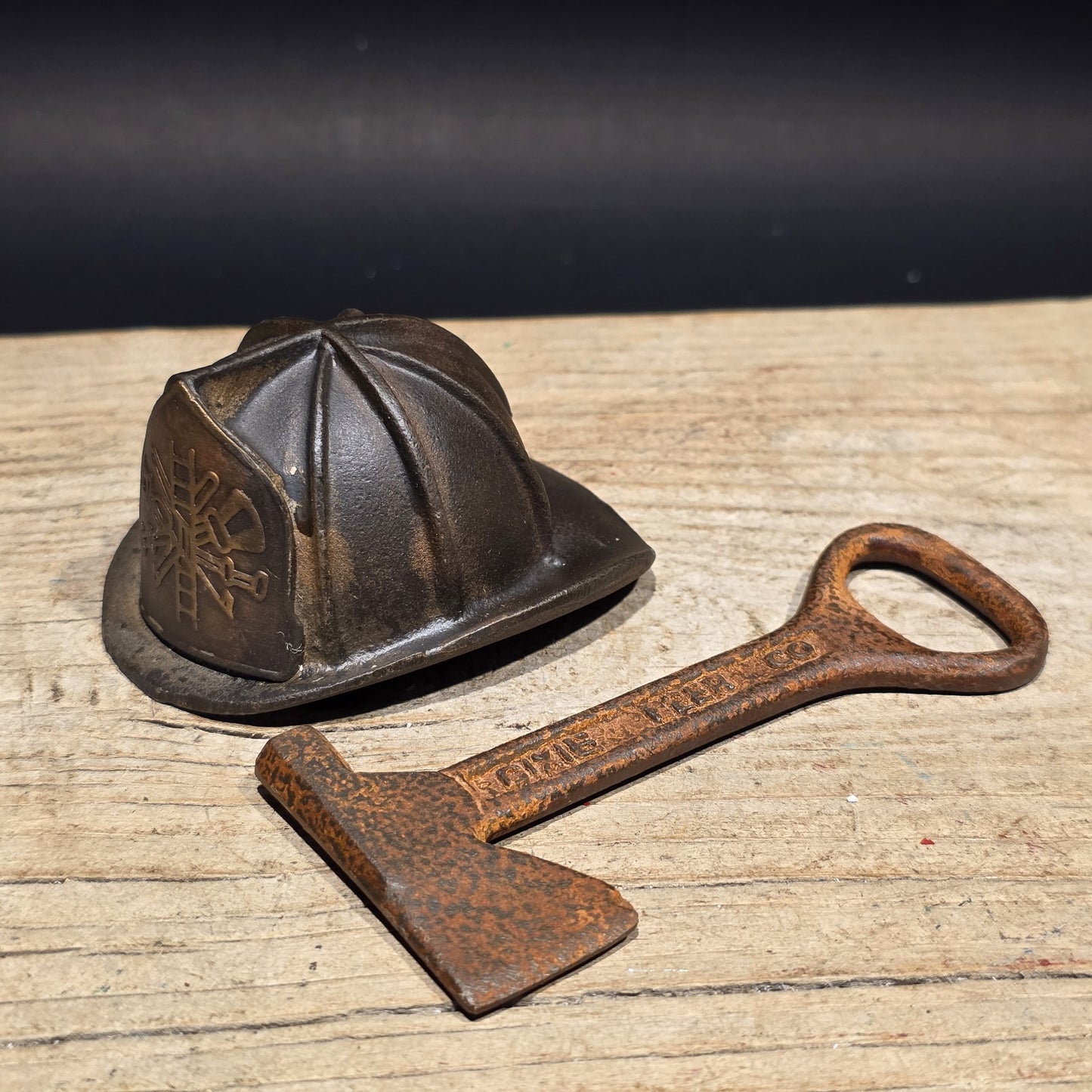 Mini Cast Iron Fireman Helmet, Dixie Beer Fire Axe Bottle Opener Lot