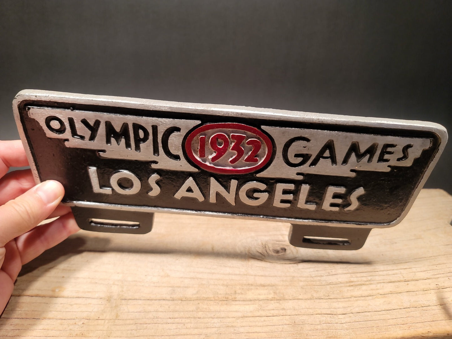 Antique Vintage Style Aluminum Olympic Games 1932 License Plate Fob Topper