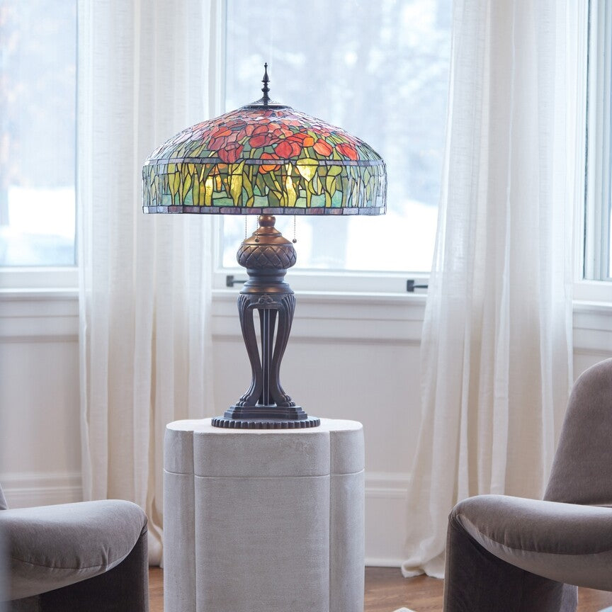 33.25"H Tulip Antique Style Stained Glass Table Lamp