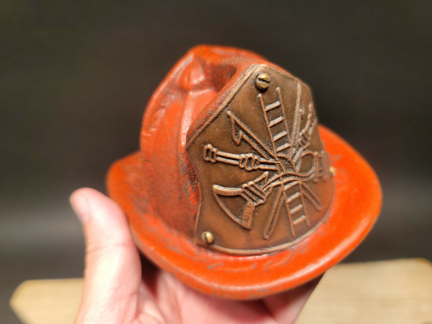 Antique Vintage Style Miniature Cast Iron Fireman Helmet Coin Bank 
