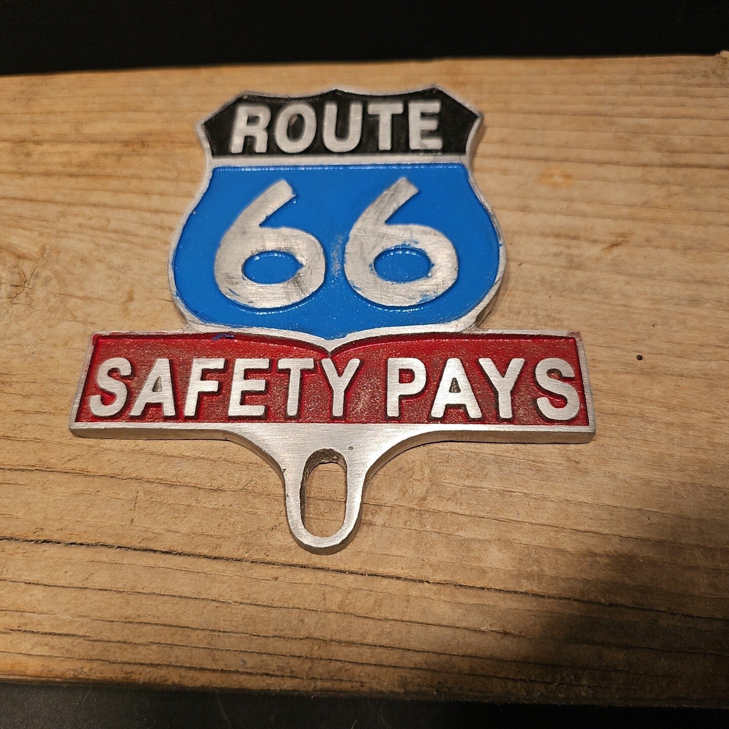 Antique Vintage Style Aluminum Route 66 Safety License Plate Fob Topper