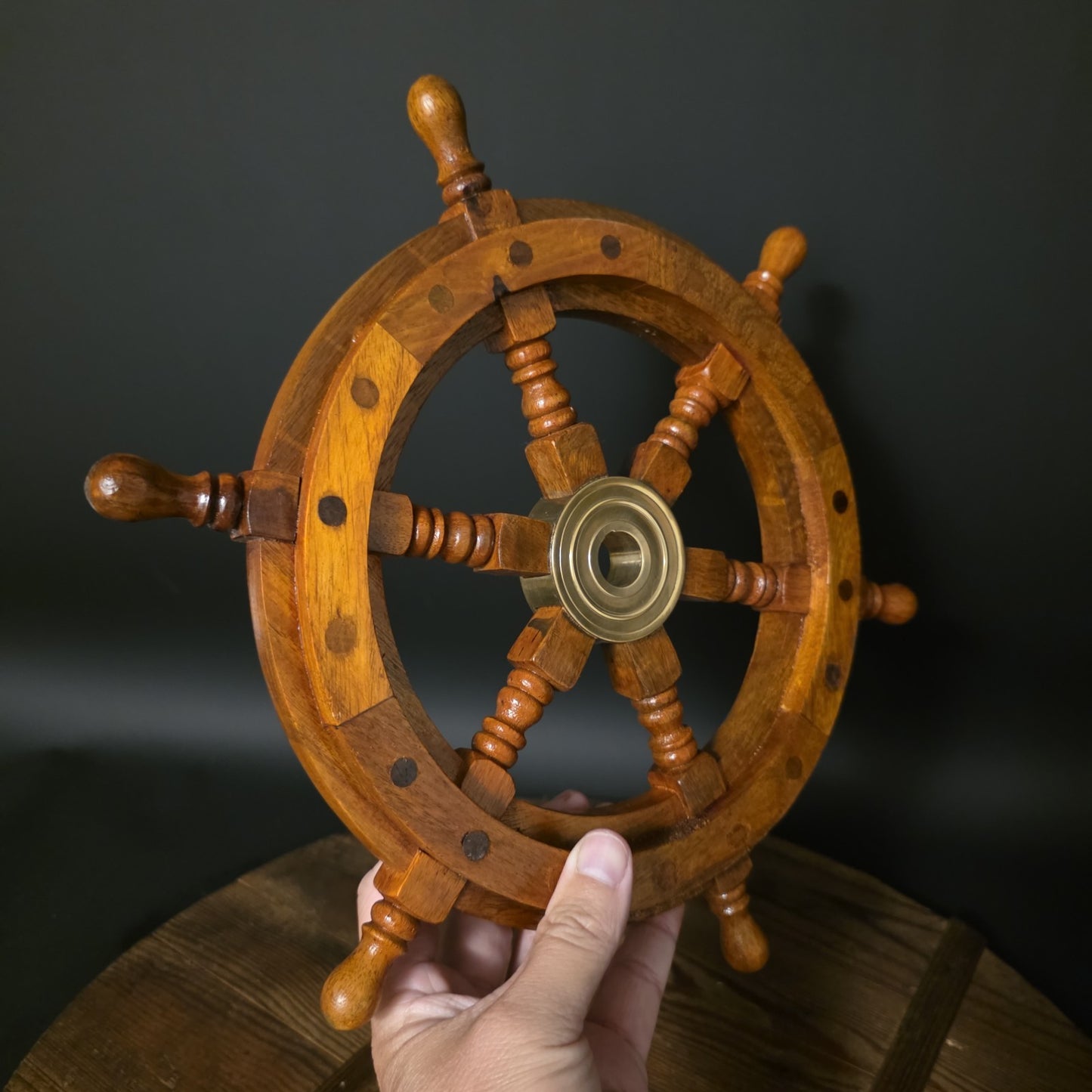 Wood Ship Wheel – Nautical Boat Helm Wall Decor Brass Center Hub