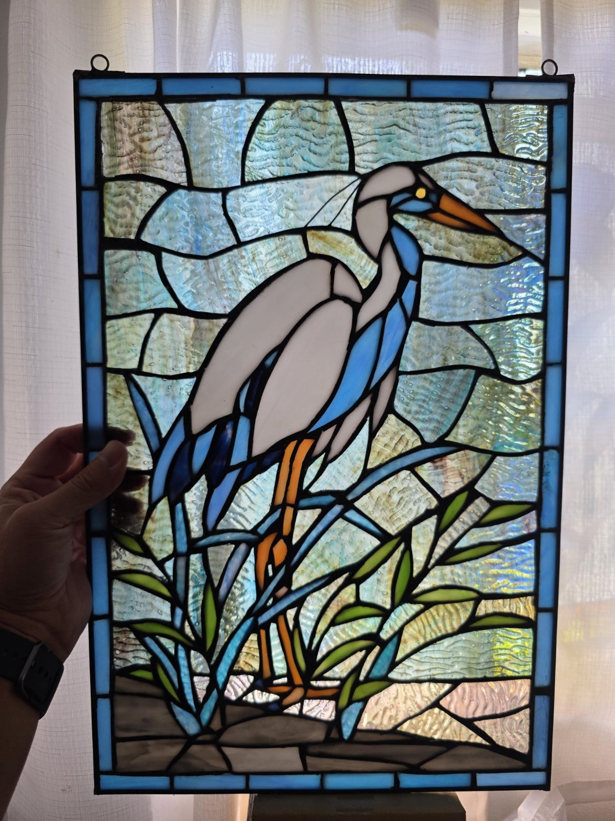 18"  White & Blue Crane Stained Glass Window Panel