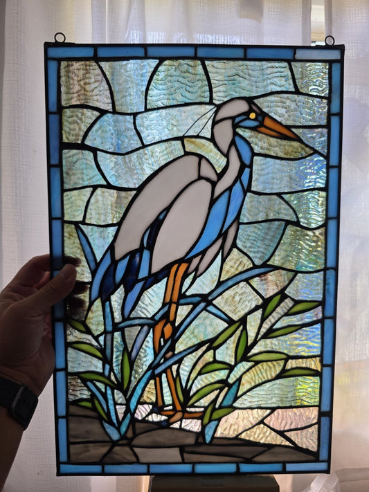 18"  White & Blue Crane Stained Glass Window Panel