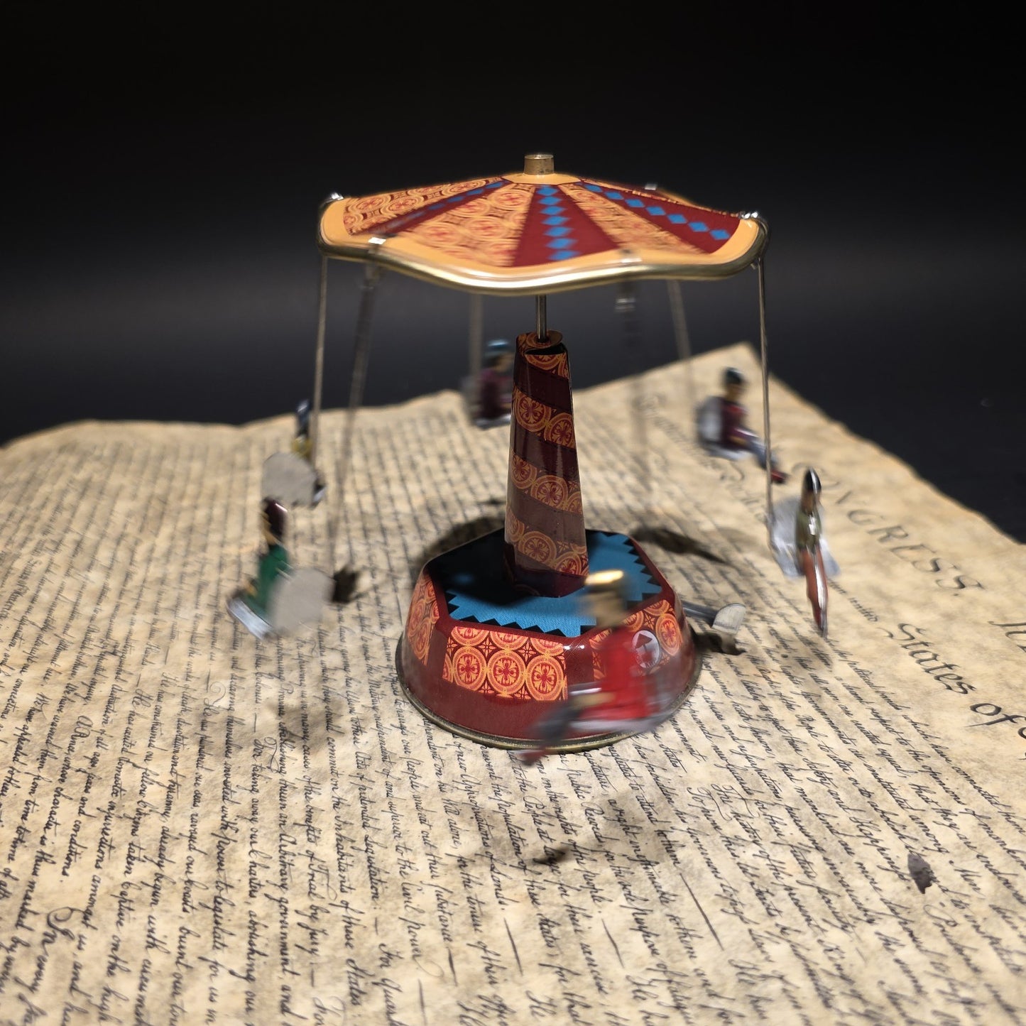 Vintage Style Tin Litho Carousel Swing Ride Wind-Up Amusement Park Toy