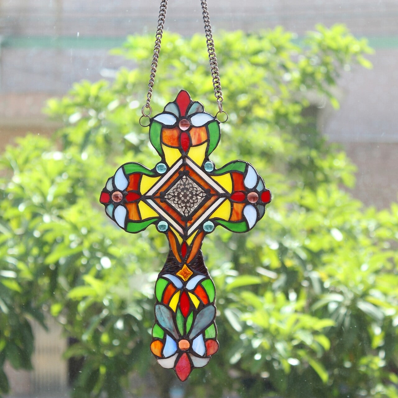 13" Stained Glass Cross Window Hanging Panel Suncatcher