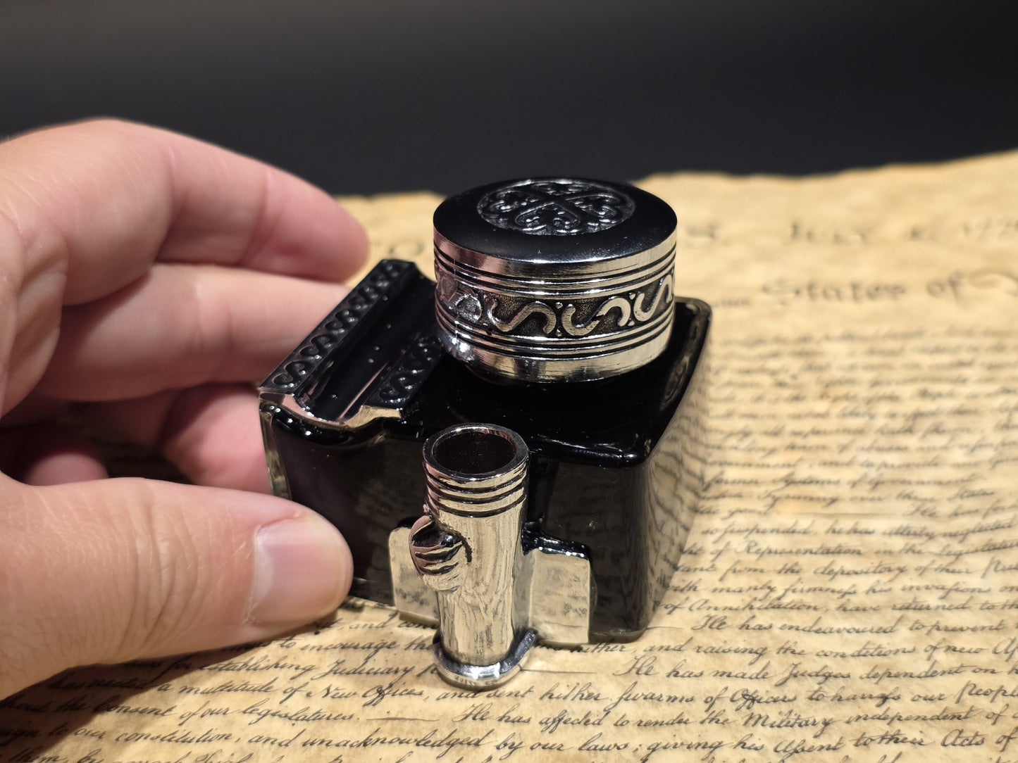 5" Antique Style Glass Inkwell Pen Rest Filled with 1.75 oz Black Ink