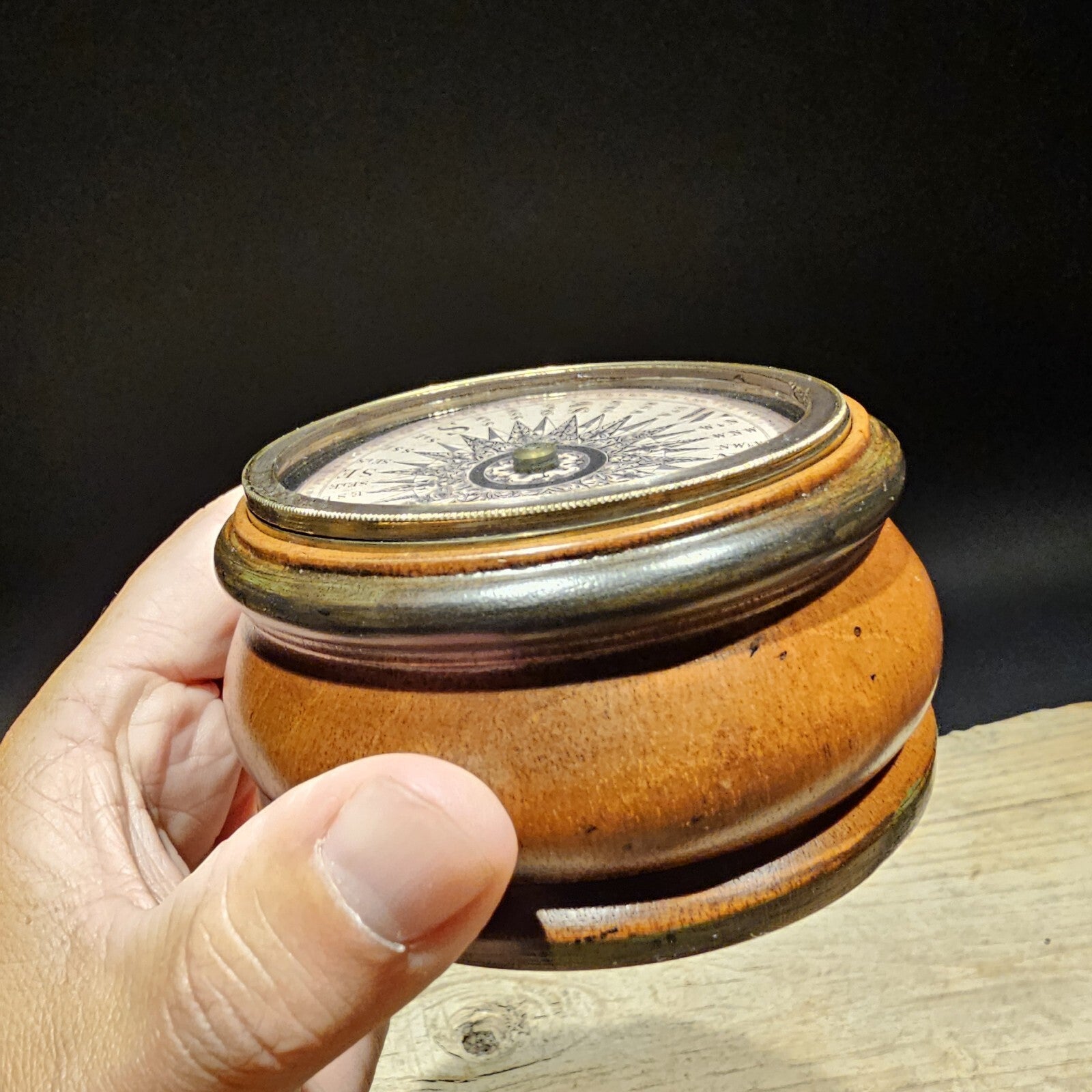 Antique Style Turned Mahagony Wood Compass