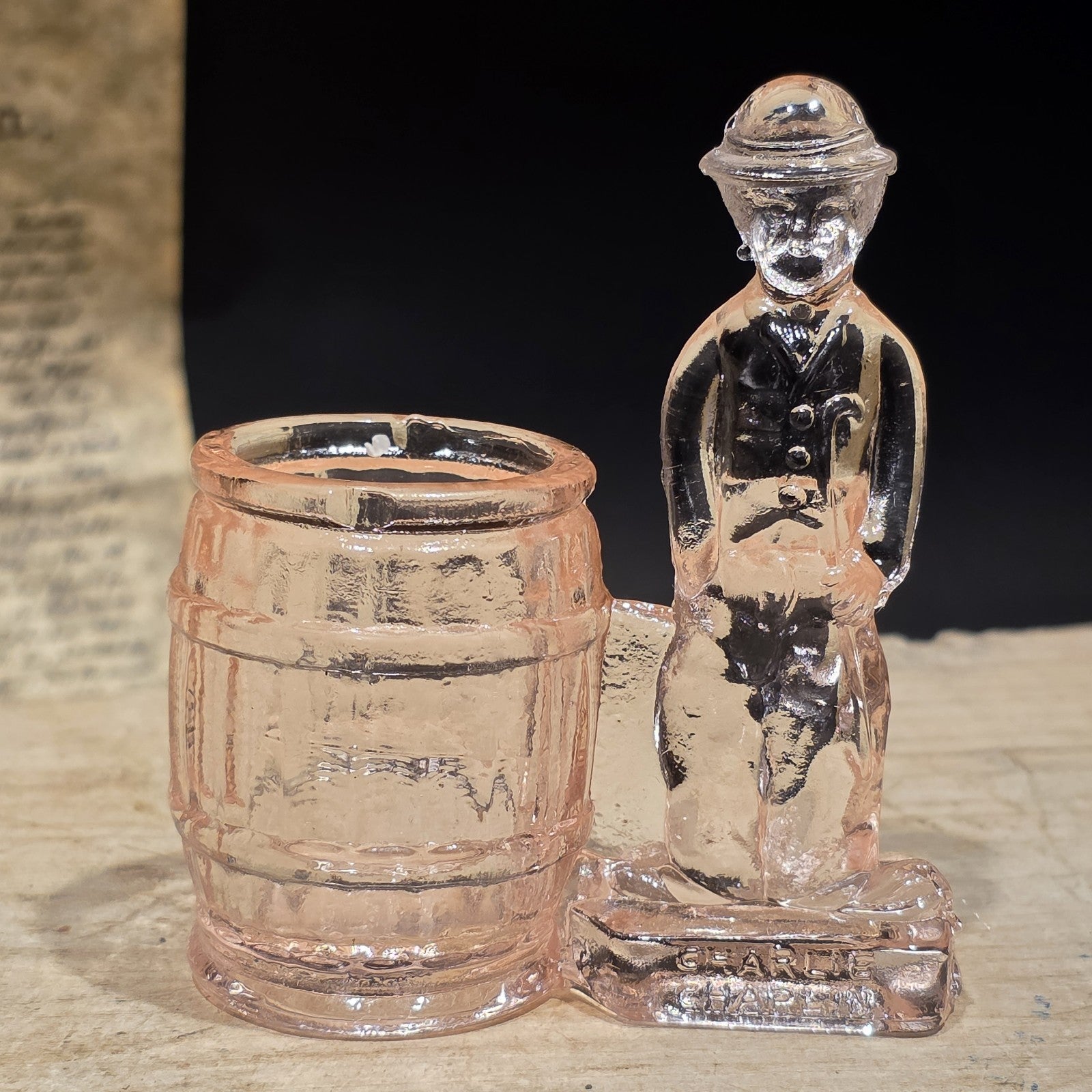 Charlie Chaplin Style Toothpick Holder – Pink Depression Glass Tramp Figure