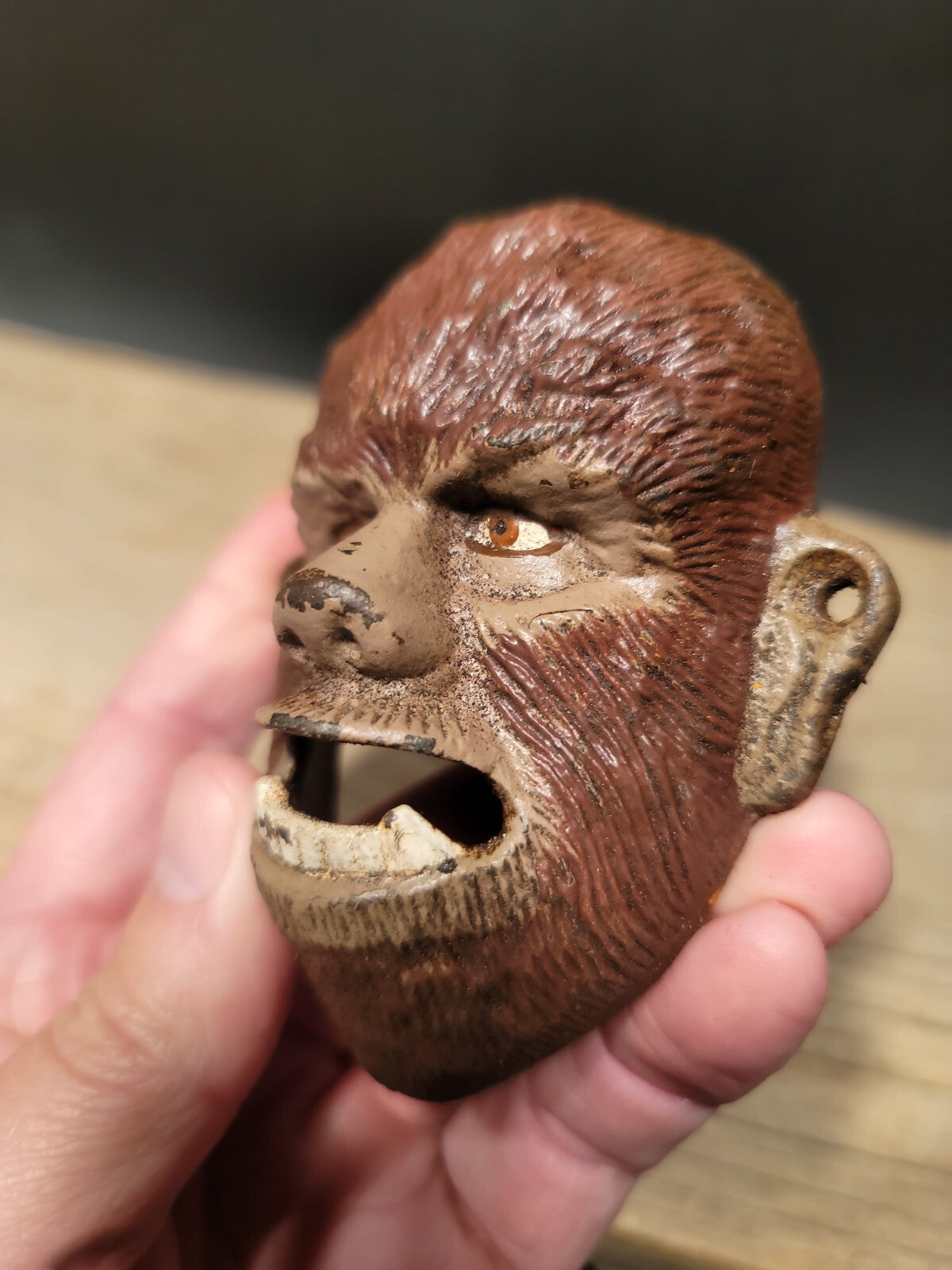 Antique Vintage Style Cast Iron folk art Wolf Man Wall mount Bottle Opener
