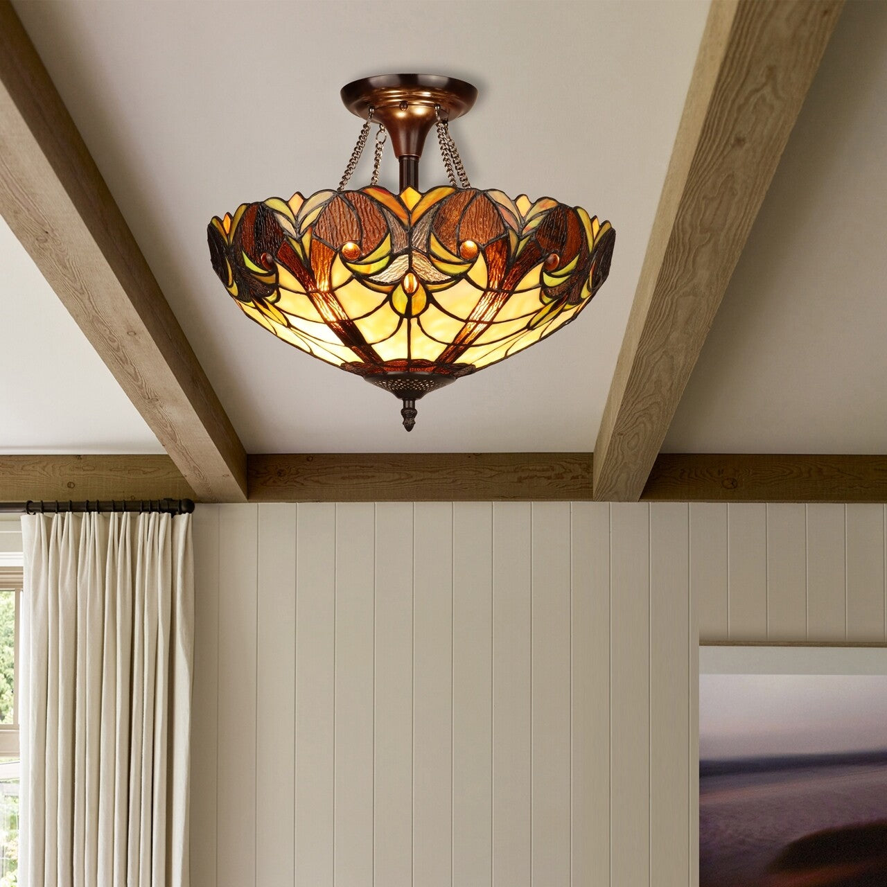 15.75" Antique Style Stained Glass Semi Flush Ceiling Uplight