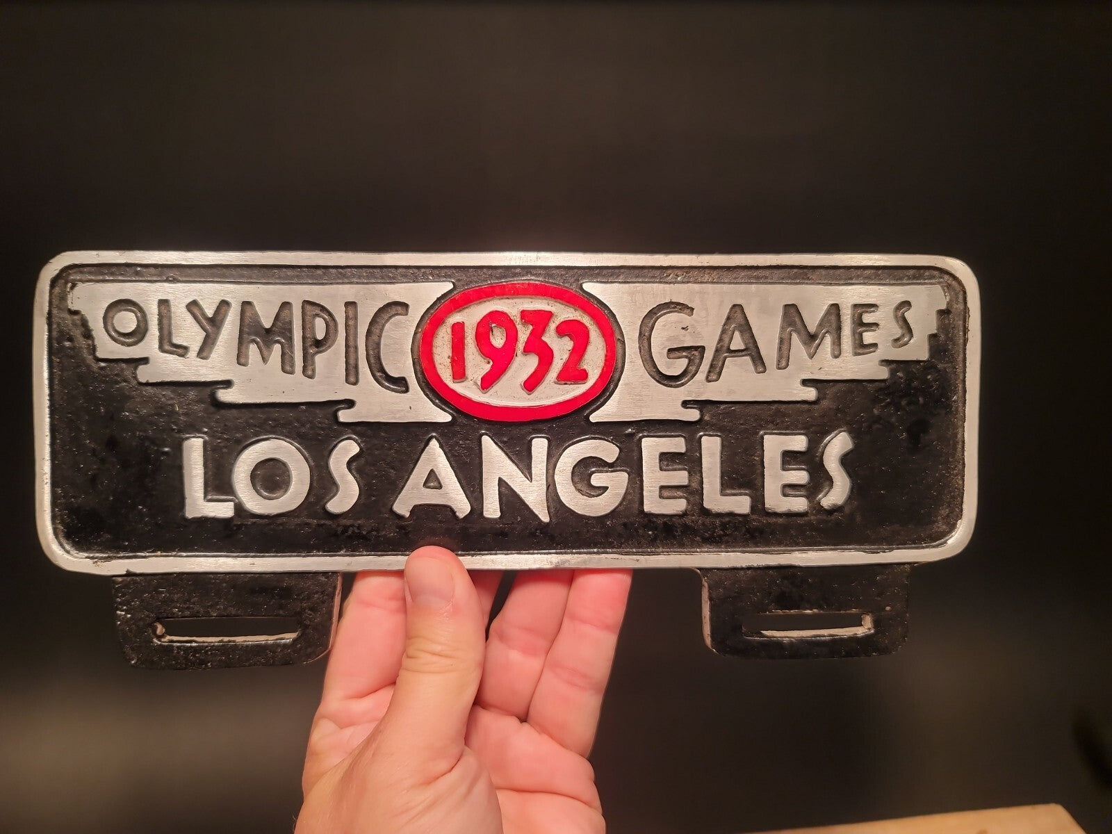 Antique Vintage Style Aluminum Olympic Games 1932 License Plate Fob Topper