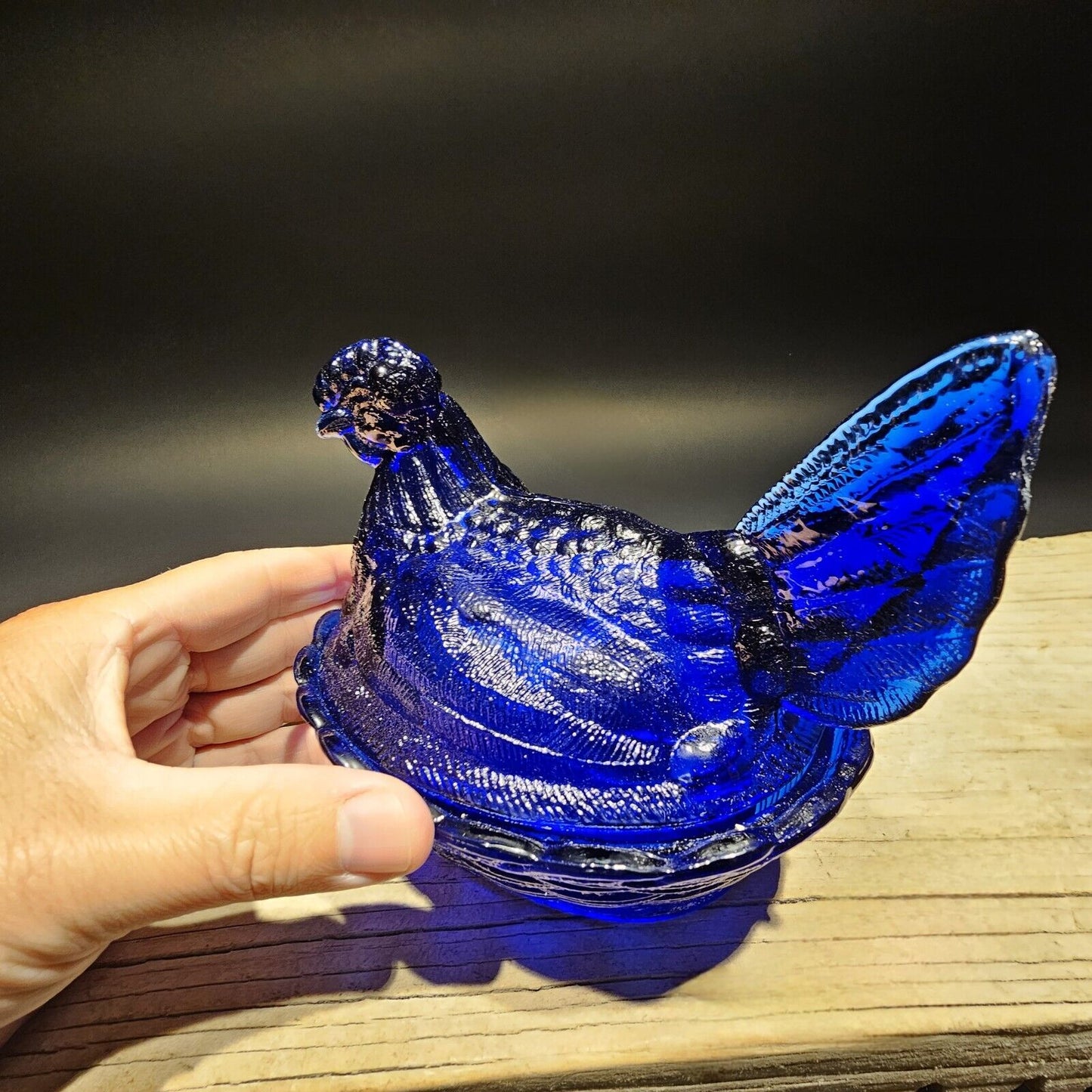 Antique Vintage Style Cobalt Blue Depression Glass Chicken Hen On Nest Dish
