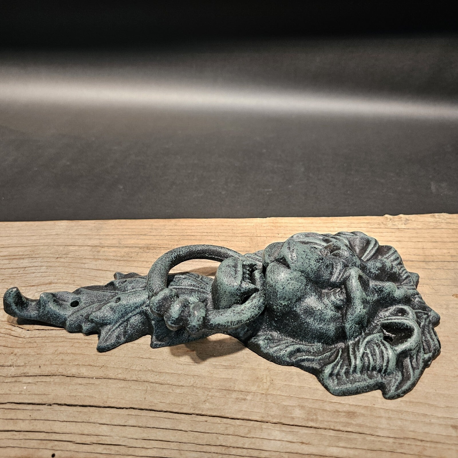 Antique Vintage Style Cast Verdi Green Iron Lion Door Knocker w Hook
