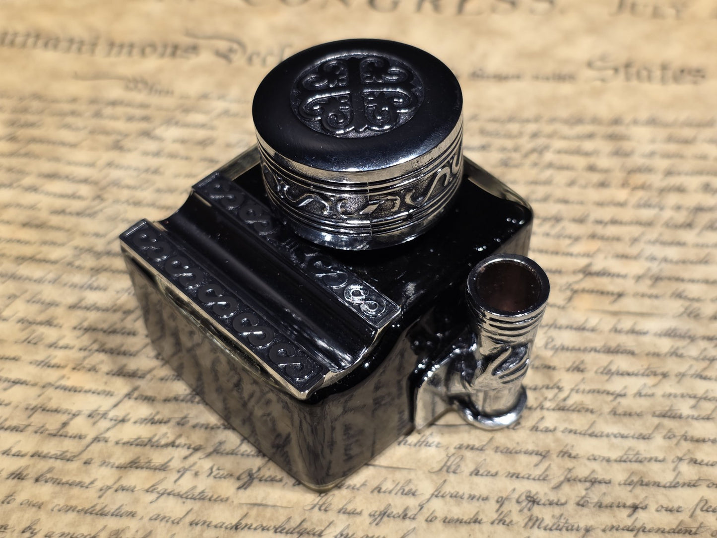 5" Antique Style Glass Inkwell Pen Rest Filled with 1.75 oz Black Ink