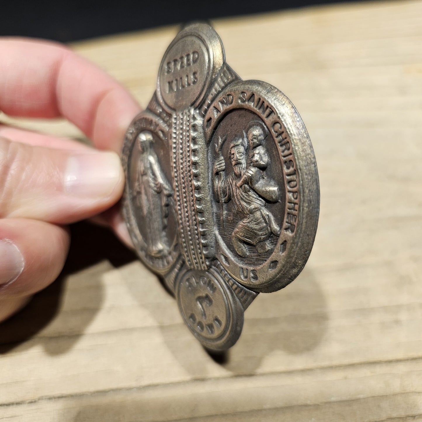 Antique Vintage Style Aluminum St. Christopher Patron of Safe Travel Visor Clip
