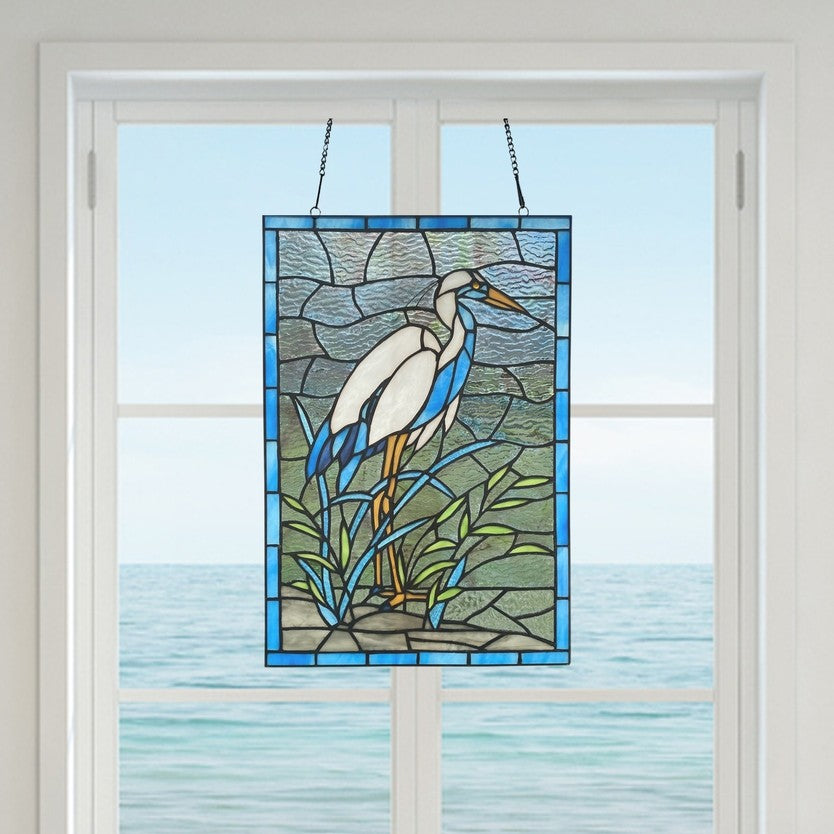18"  White & Blue Crane Stained Glass Window Panel