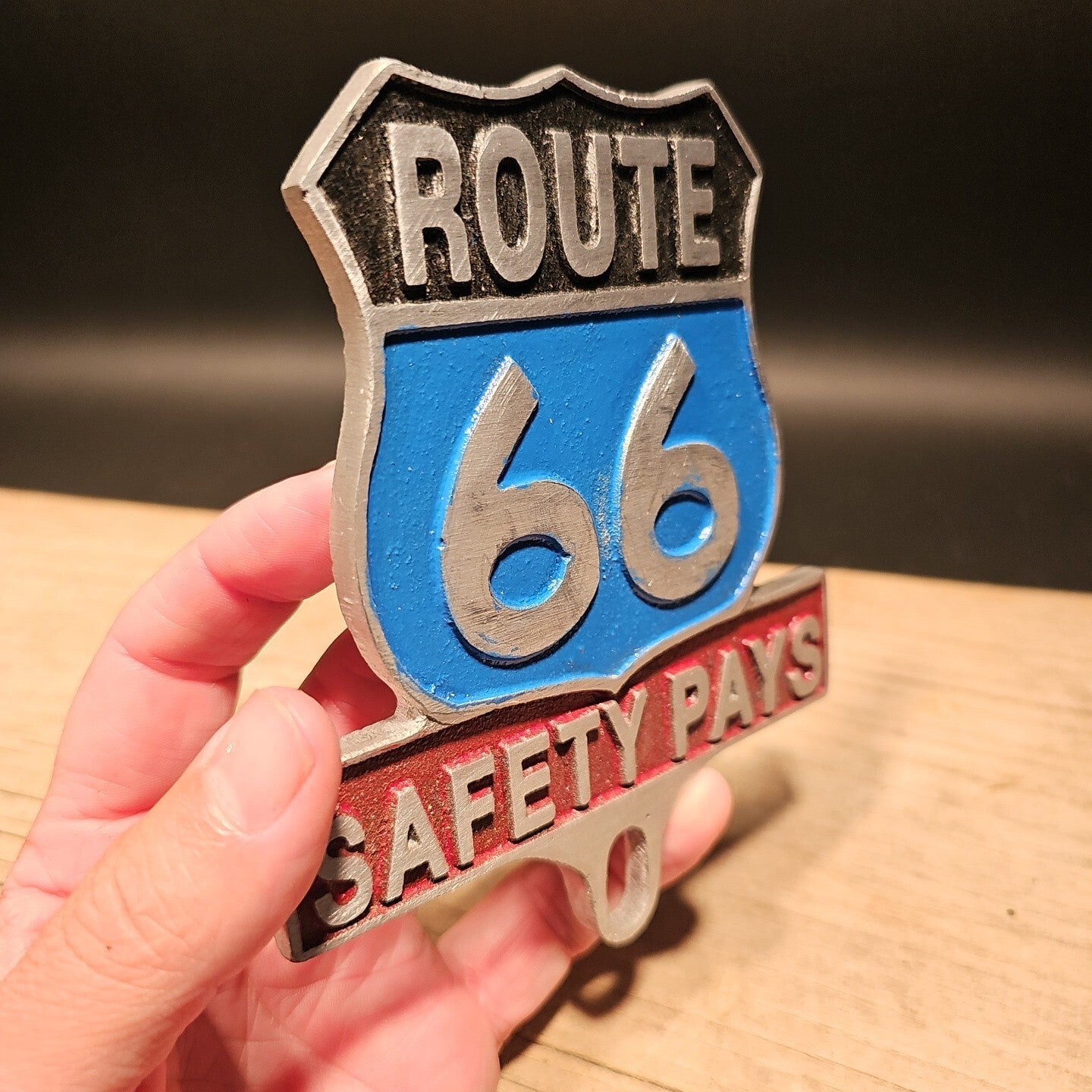 Antique Vintage Style Aluminum Route 66 Safety License Plate Fob Topper