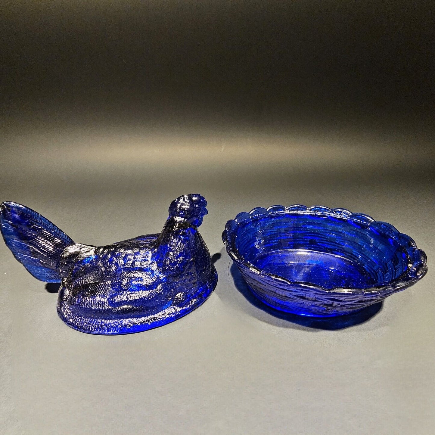 Antique Vintage Style Cobalt Blue Depression Glass Chicken Hen On Nest Dish