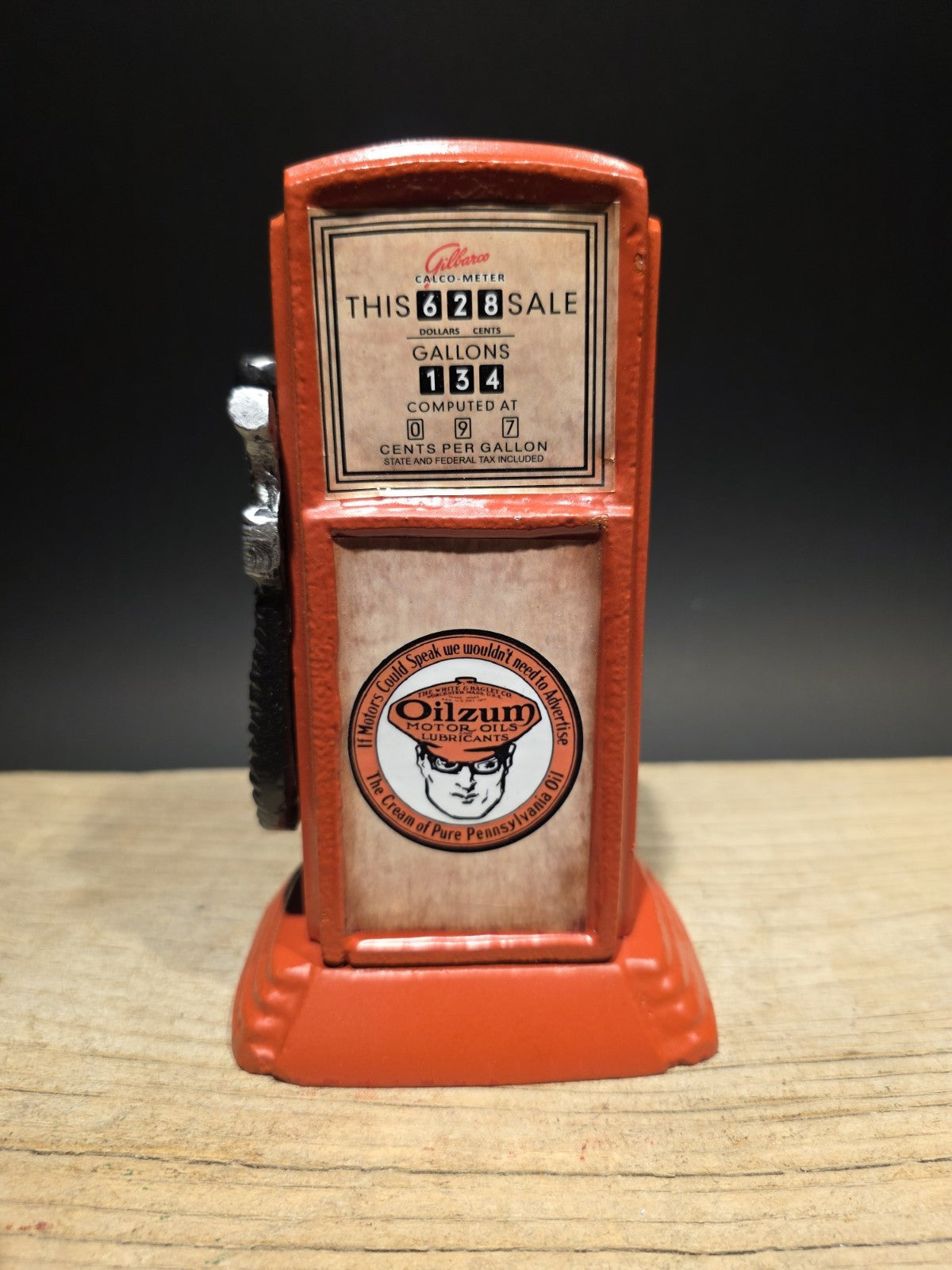 Vintage Style Metal Oilzum Gasoline Orange Mini Gas Pump Coin Bank