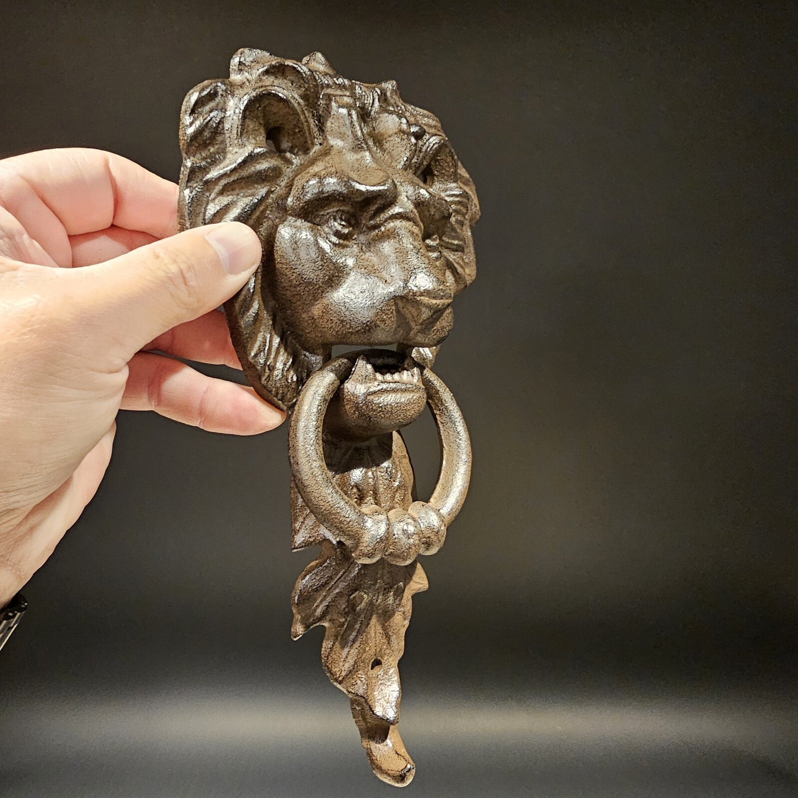 Antique Vintage Style Cast Iron Lion Door Knocker w Hook