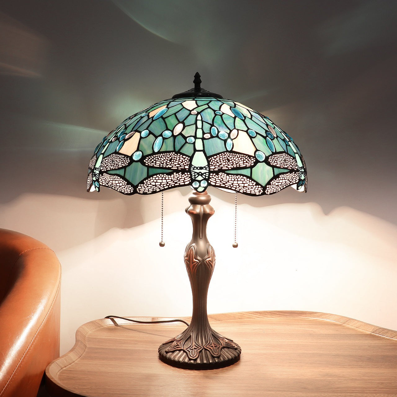 22.24" Antique Vintage Style Stained Glass Dragonfly Lighted Base Table Lamp