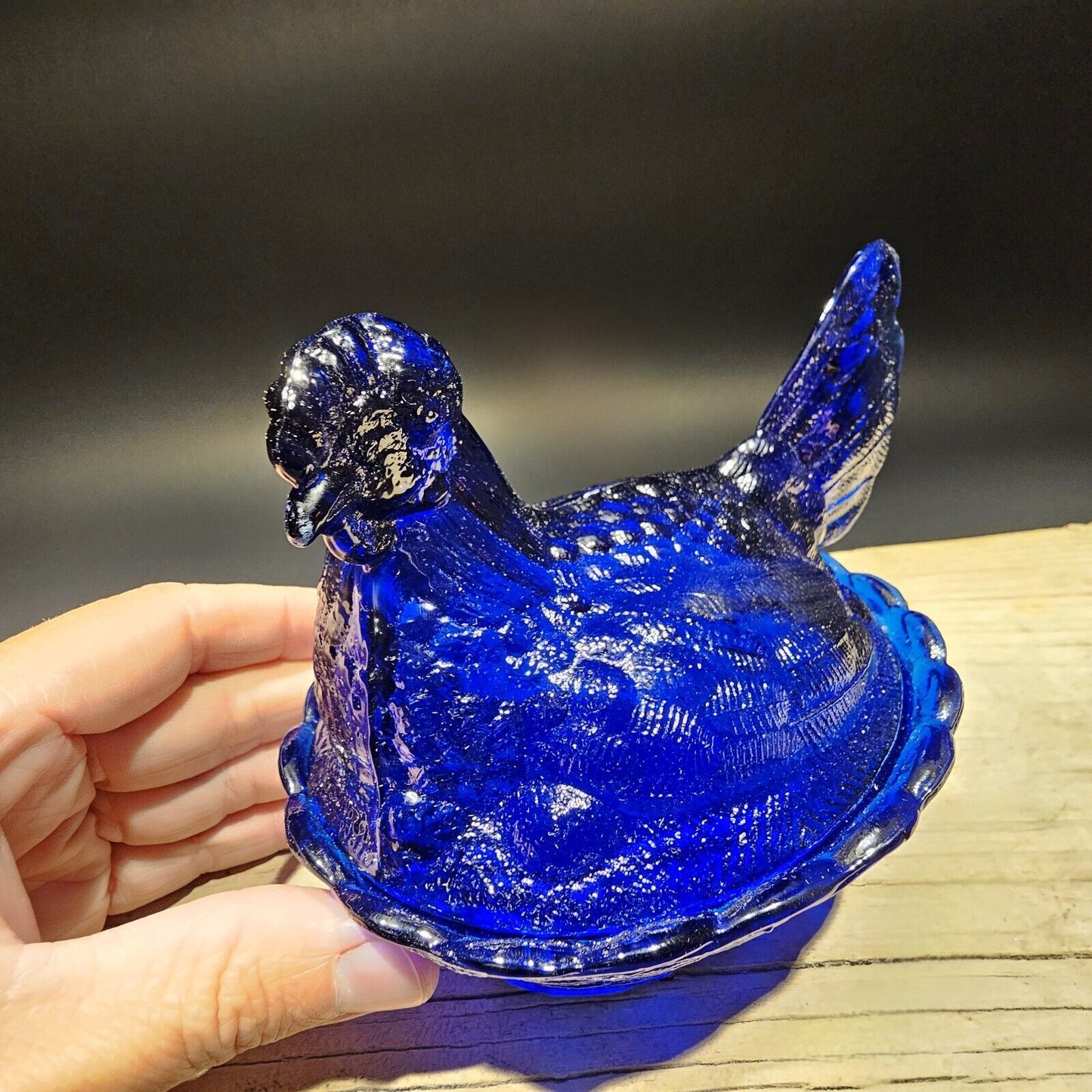 Antique Vintage Style Cobalt Blue Depression Glass Chicken Hen On Nest Dish