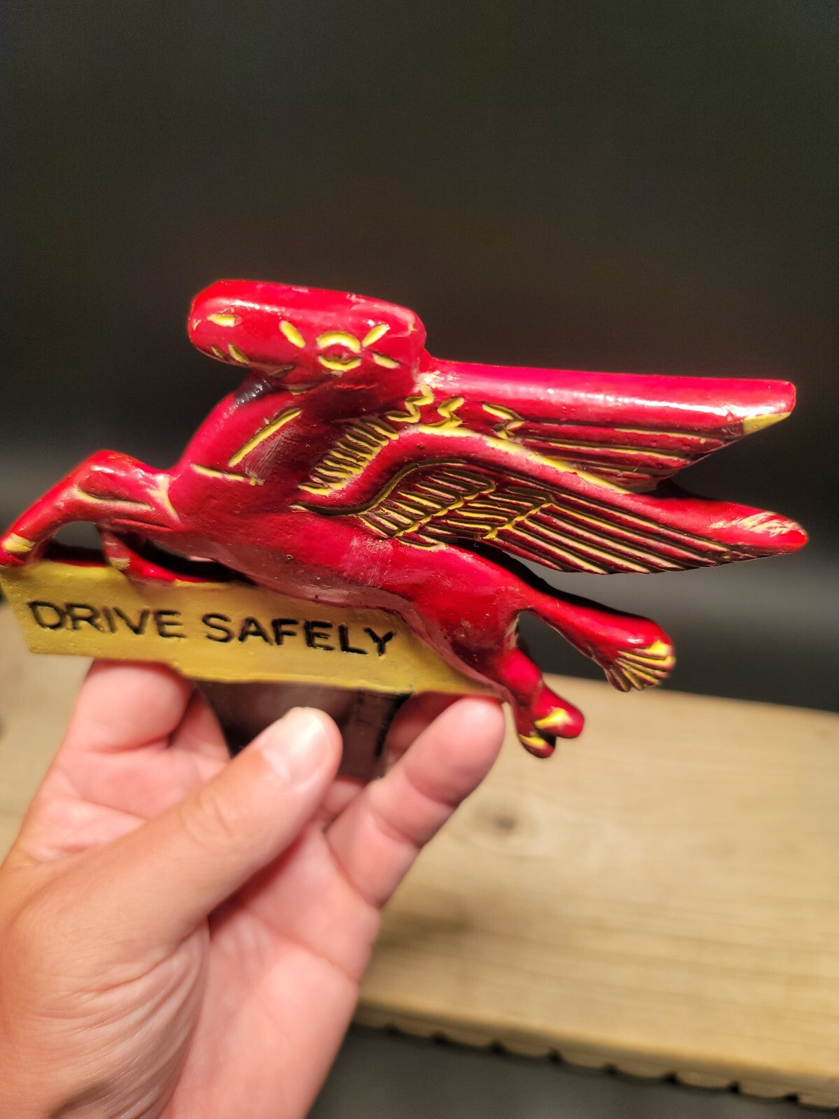 Antique Vintage Style Aluminum Pegasus Drive Safely License Plate Fob Topper
