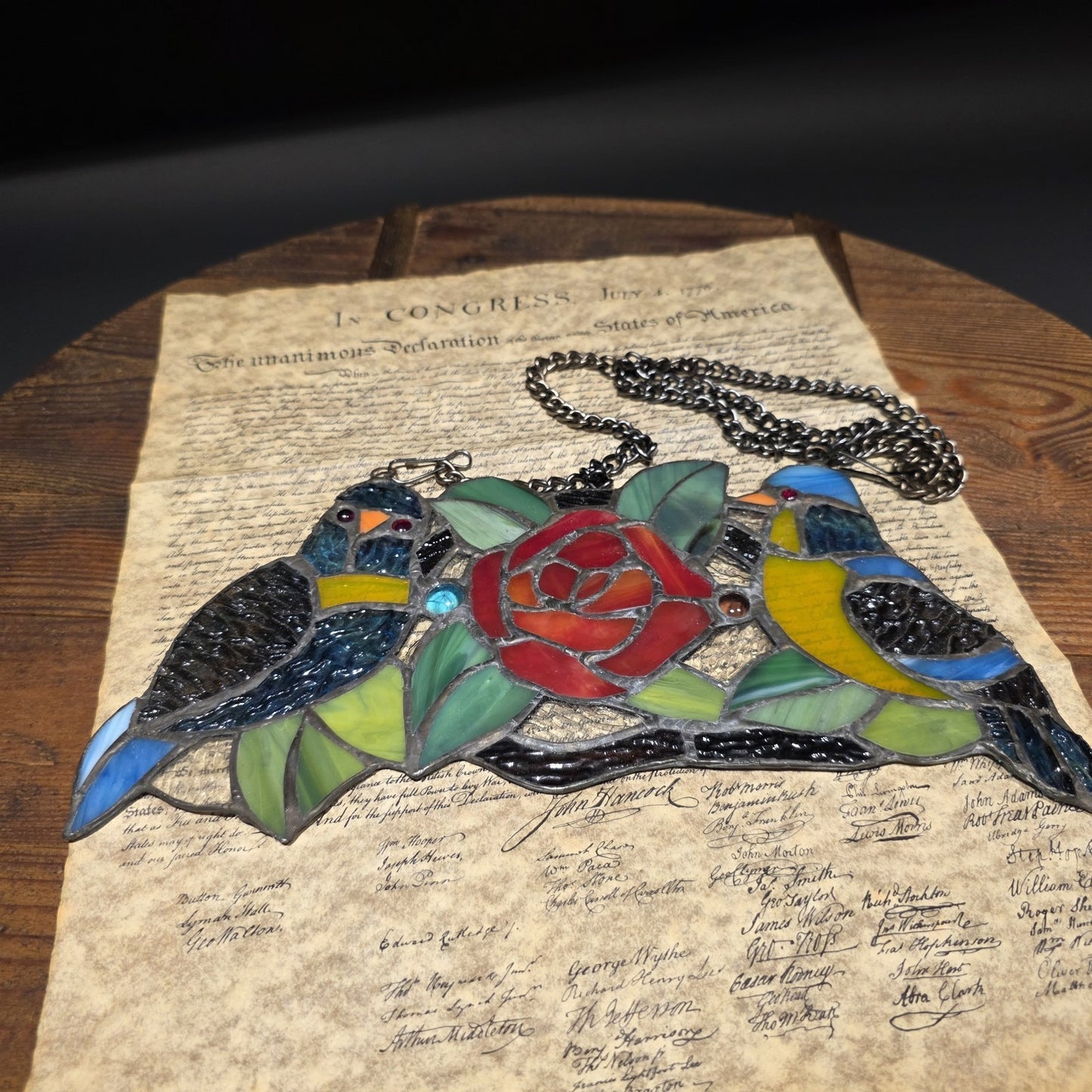 Tiffany Style Stained Glass Birds Panel – Rose Floral Suncatcher