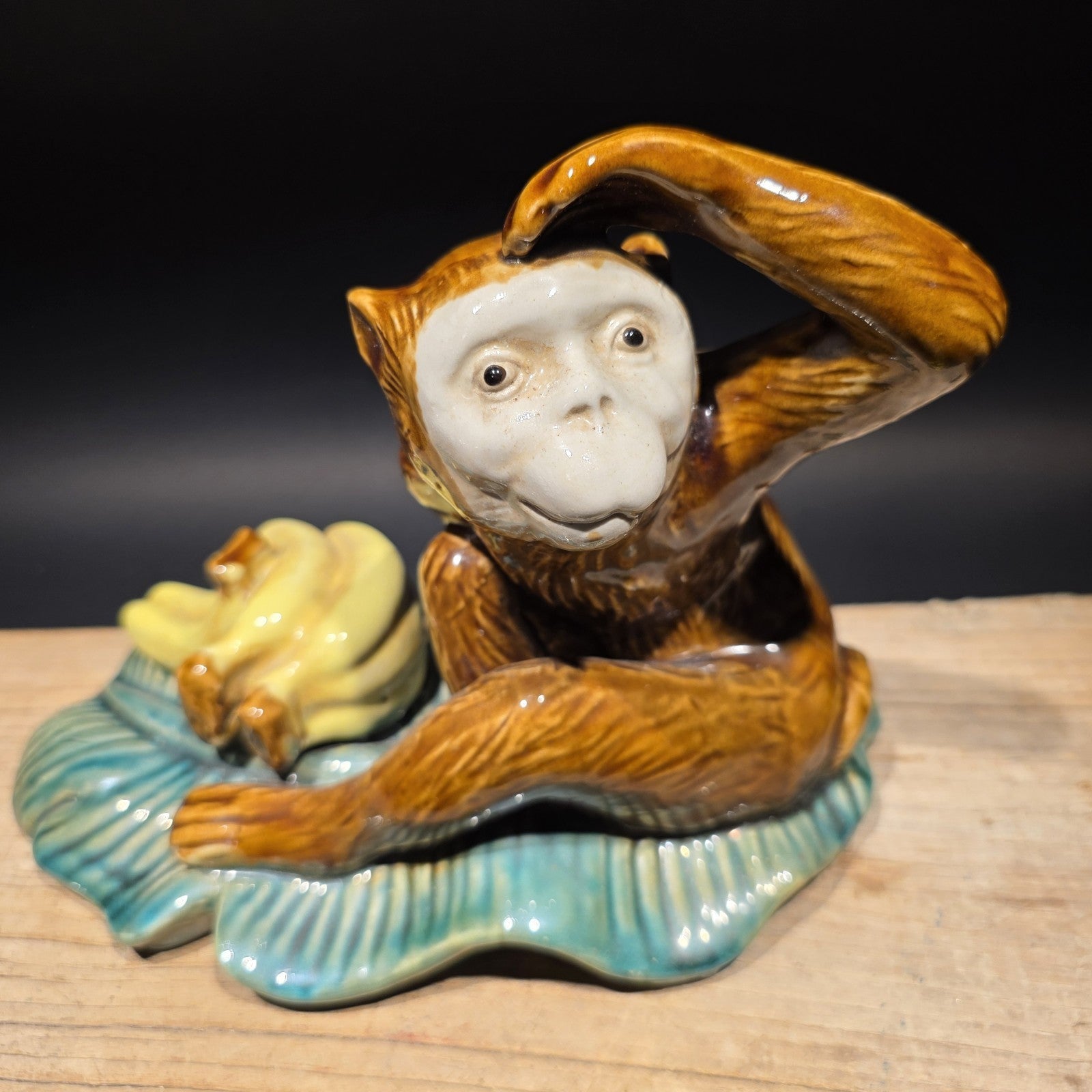 8" Majolica Style Monkey with Bananas Figurine – Wilson Ceramic Statue
