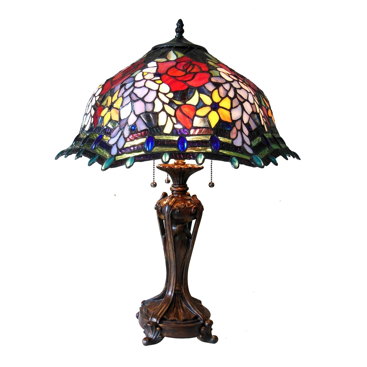 26" Antique Vintage Style Stained Glass Rose Floral Table Lamp