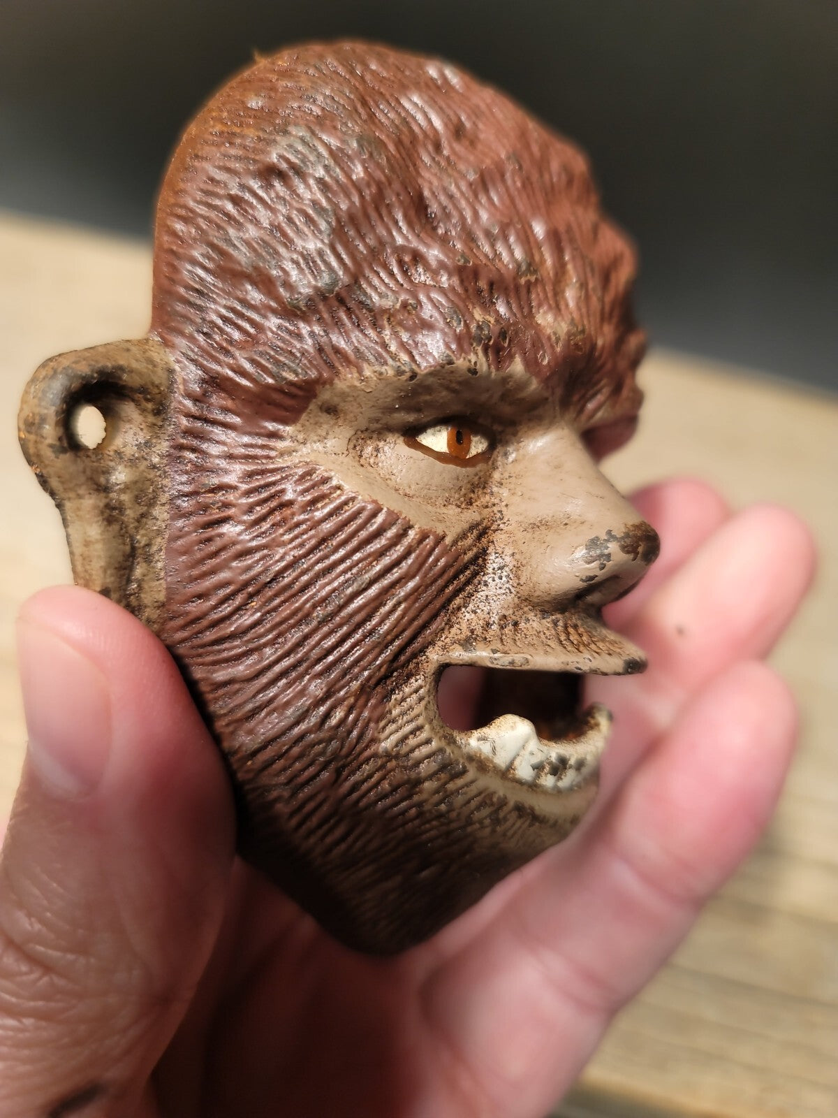 Antique Vintage Style Cast Iron folk art Wolf Man Wall mount Bottle Opener