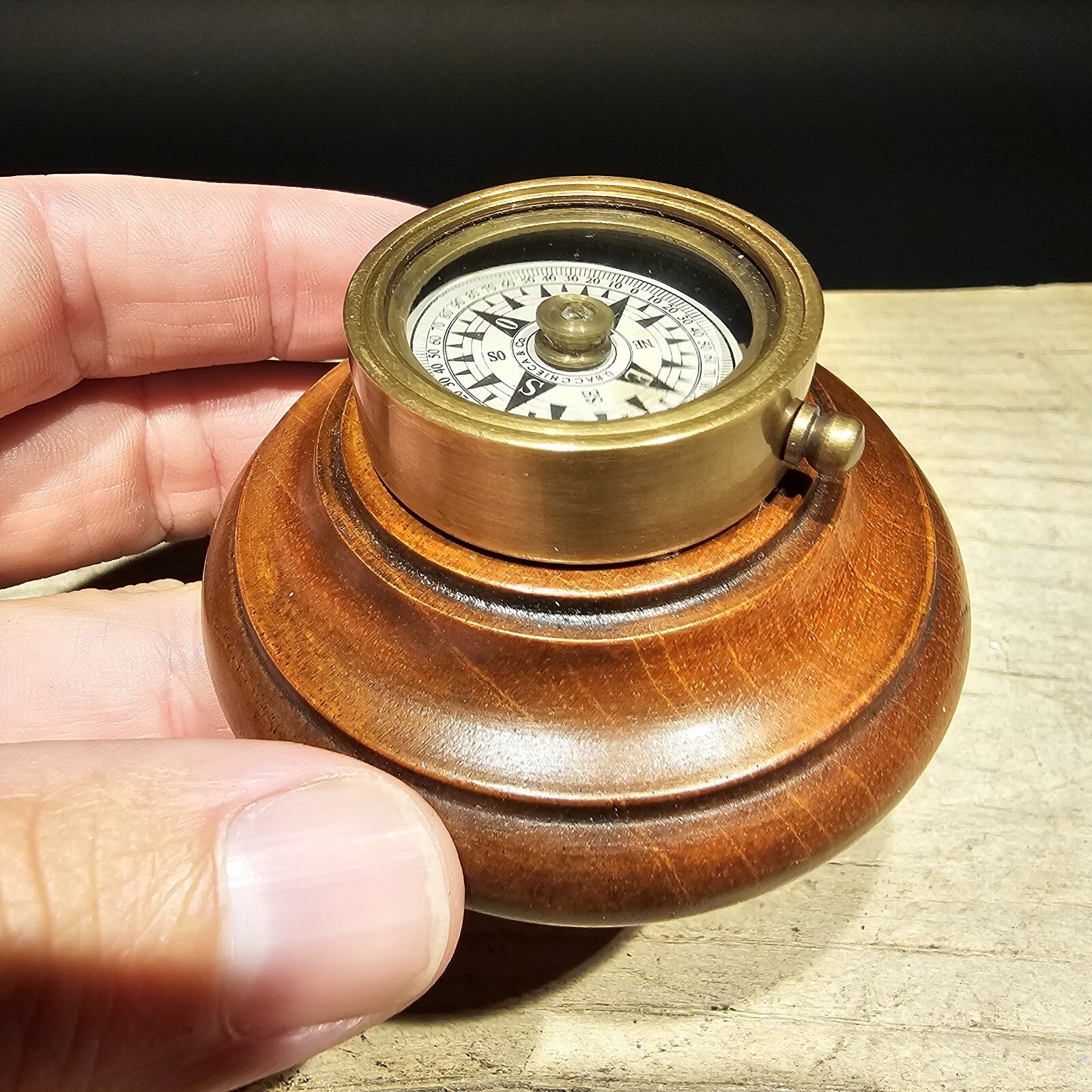 Antique Style Turned Mahagony Wood and Brass Compass