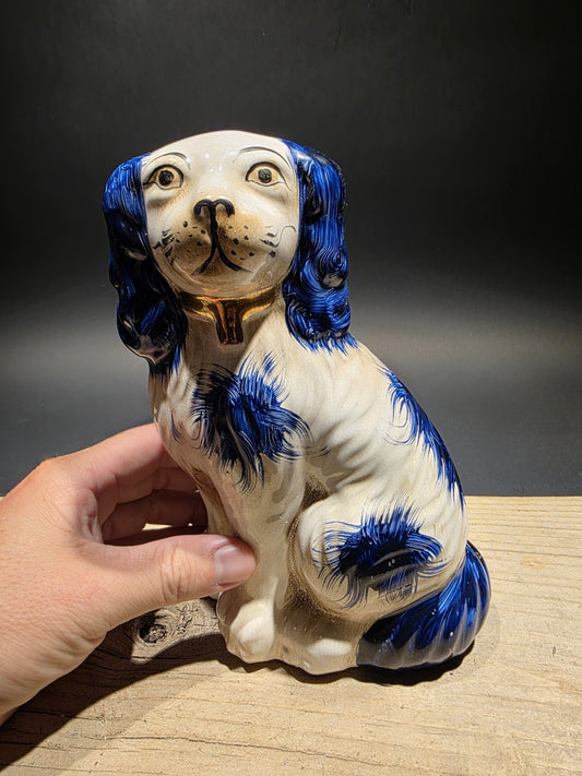 8" Antique Vintage Style Blue Staffordshire Spaniel Dog Figurine
