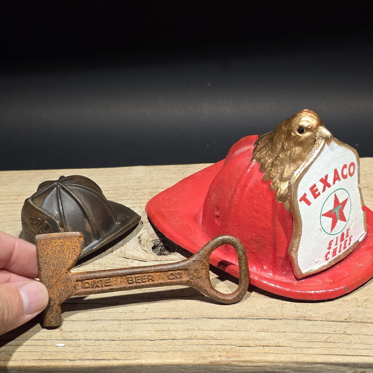 Mini Cast Iron Texaco Fire Chief Helmet Dixie Beer Axe Bottle Opener Lot