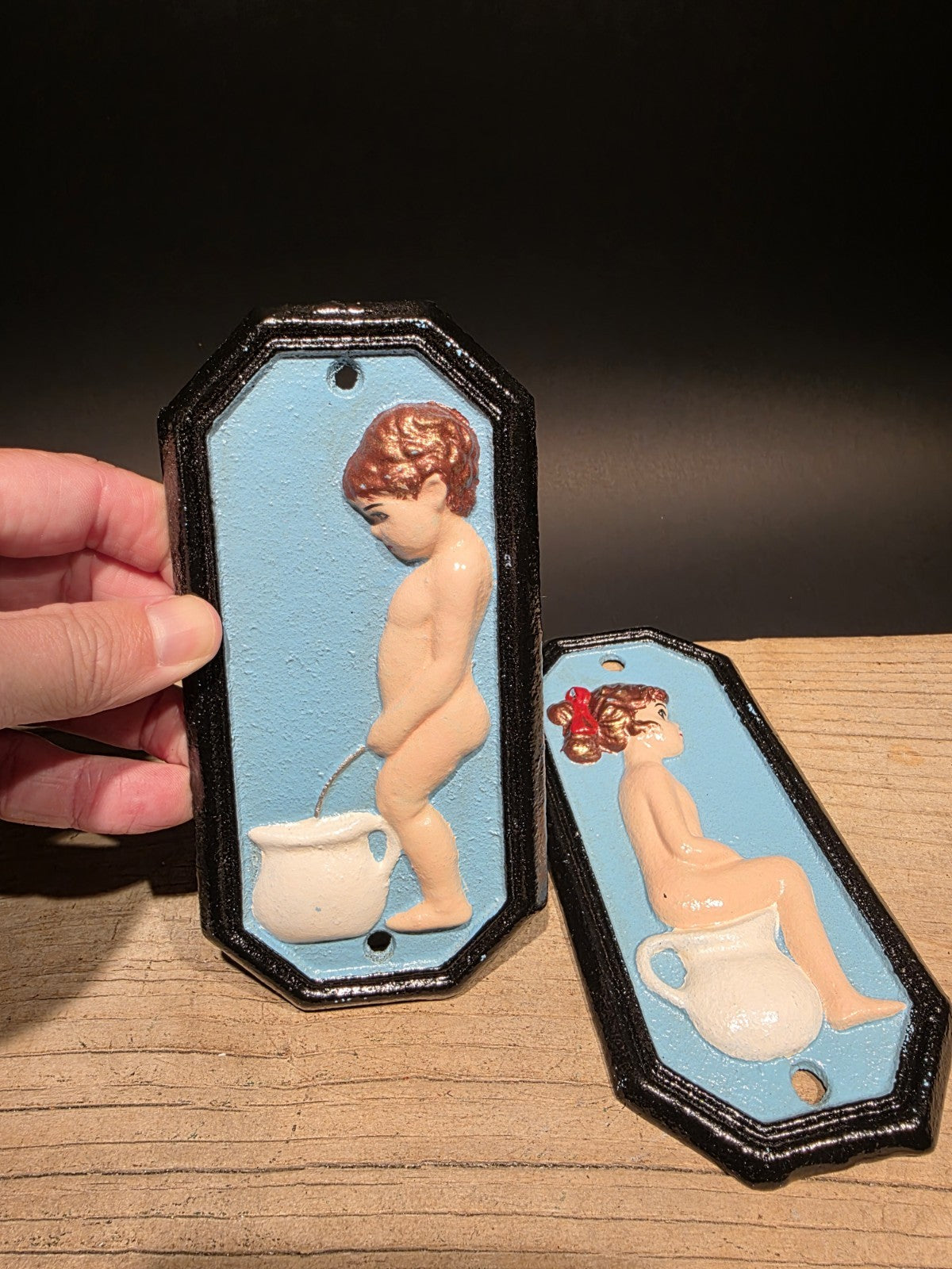 7" Antique Vintage Style Cast Iron Funny Boy Girl Bathroom Signs Plaque