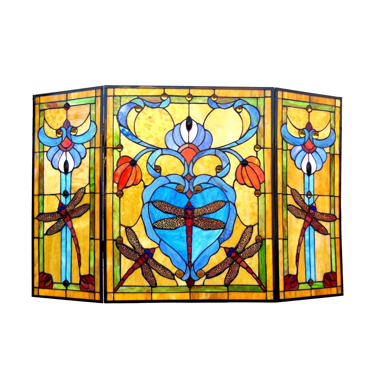 44" Folding Dragonfly Stained Glass Fireplace Screen