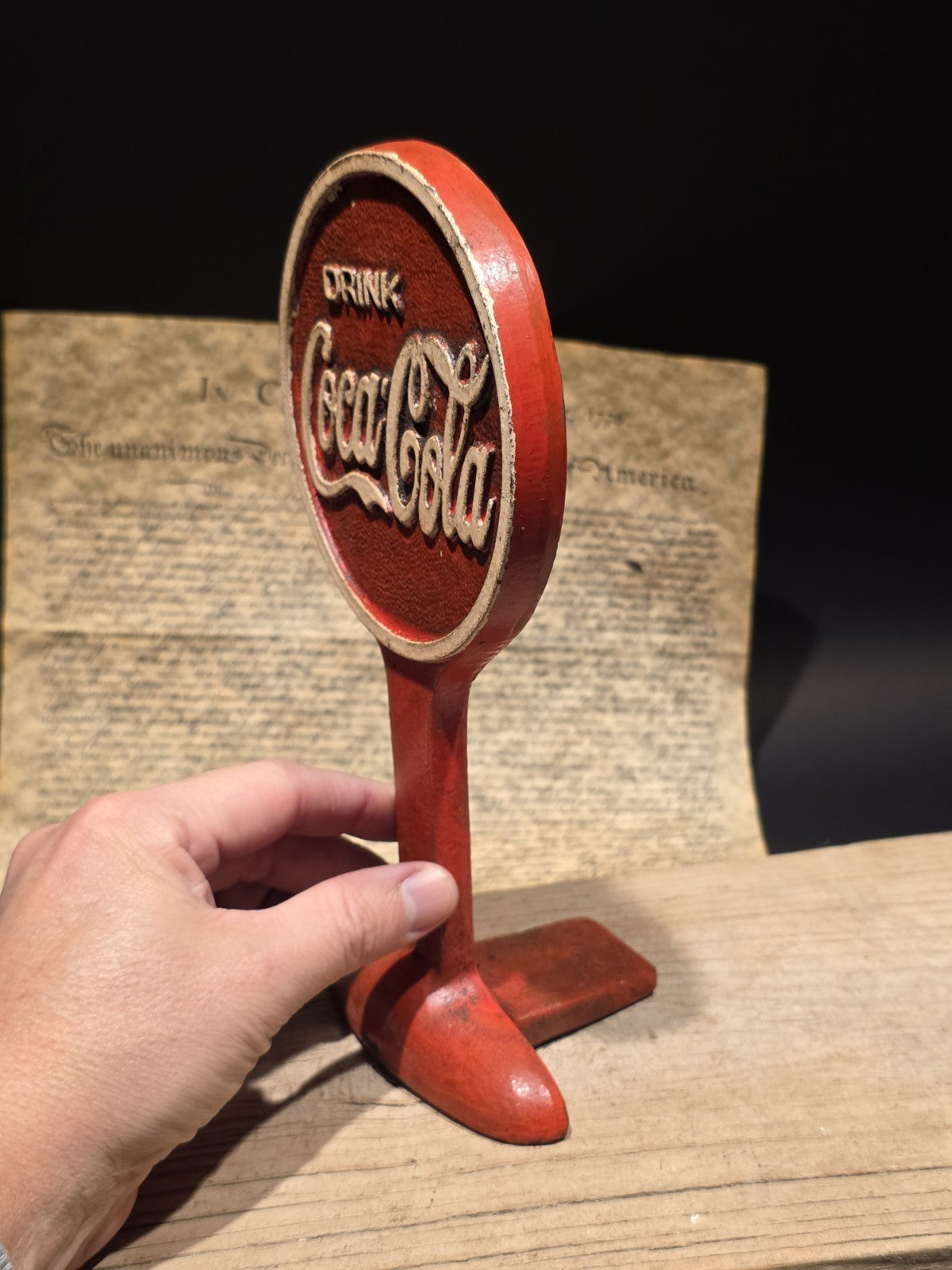9.5" Vintage Style Coca Cola Cast Iron Doorstop Lollipop Sign Base Advertising