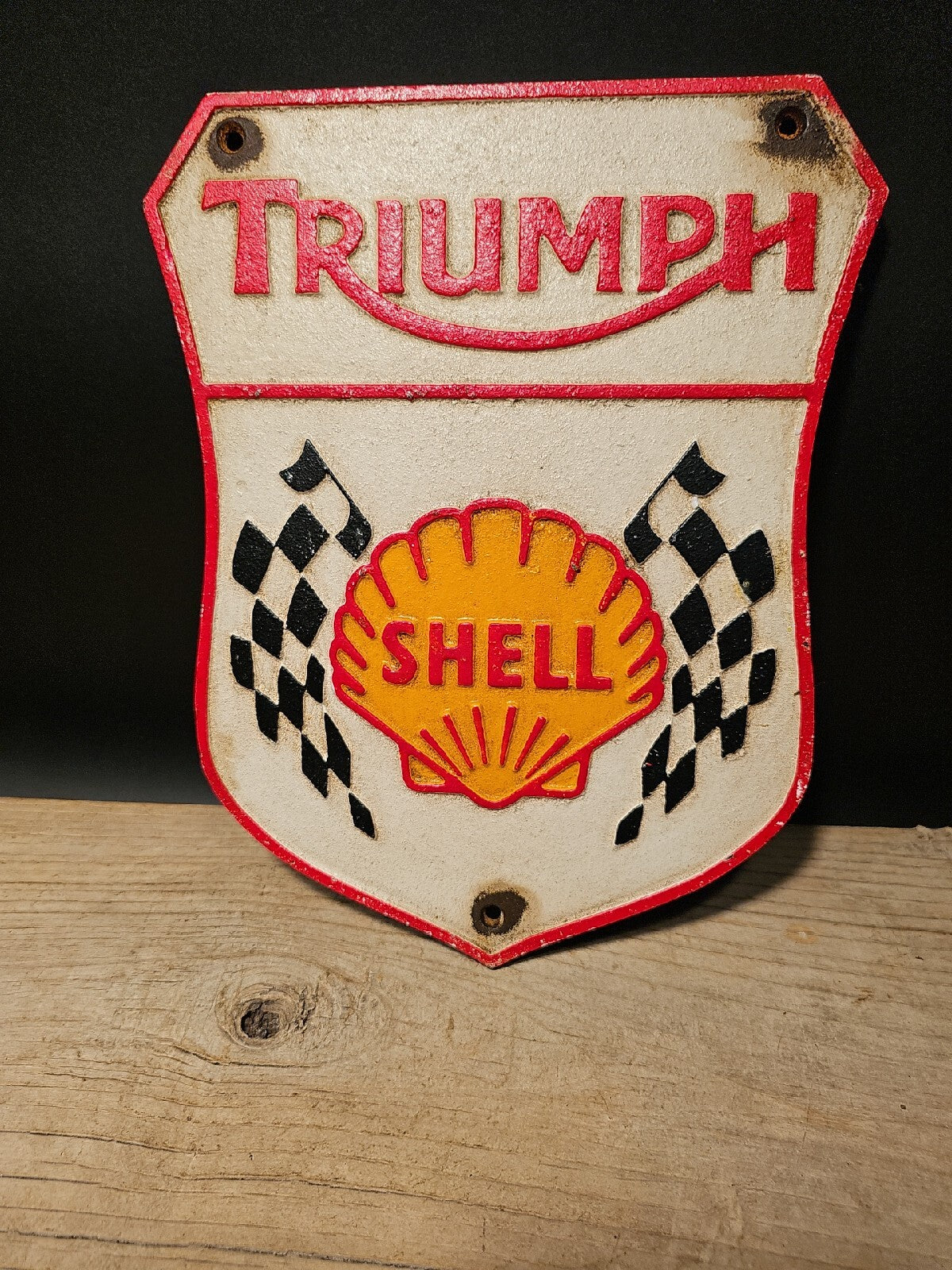 Antique Vintage Style Cast Iron Triumph Shell Gas Oil Sign Plaque