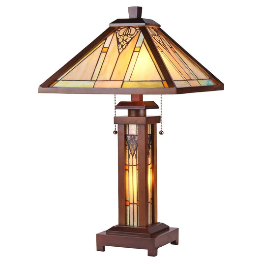 25.6  3 light Stained Glass Wood Mission Table Lamp