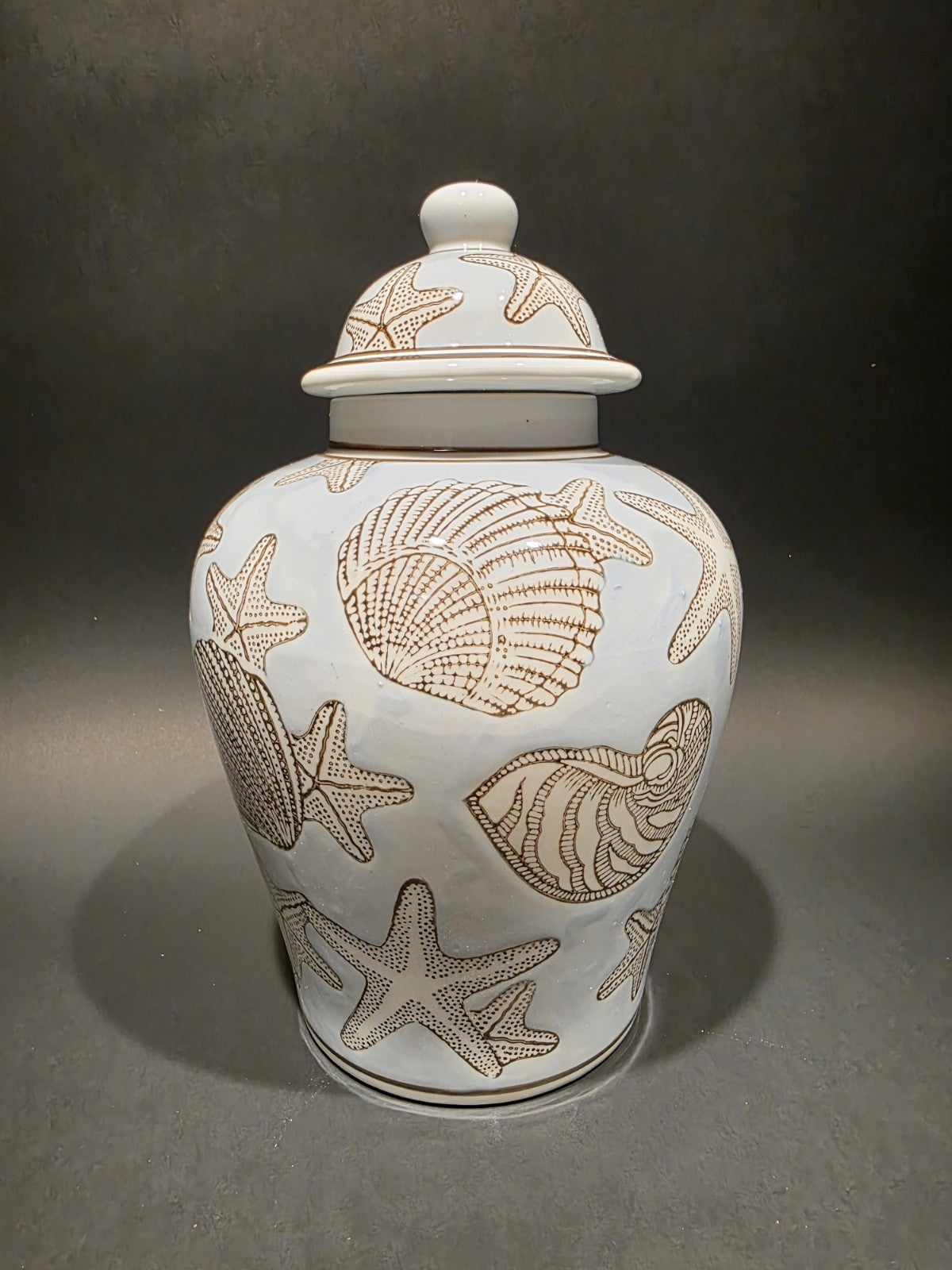 10" Vintage Style Sea Blue Ceramic Coastal Seashell Jar