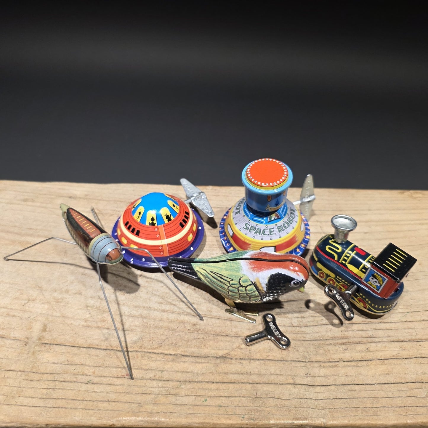Vintage Tin Litho Wind-Up 5 Toy  Lot – Robot UFO Bird Train Cricket
