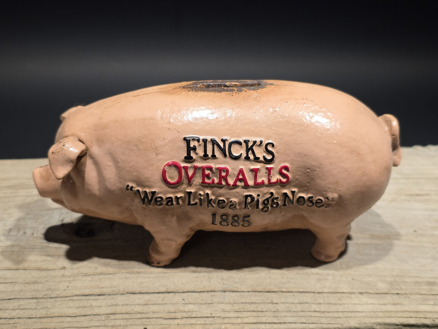8" Antique Style Cast Iron Advertising Americana  Finck’s Overalls Coin Bank
