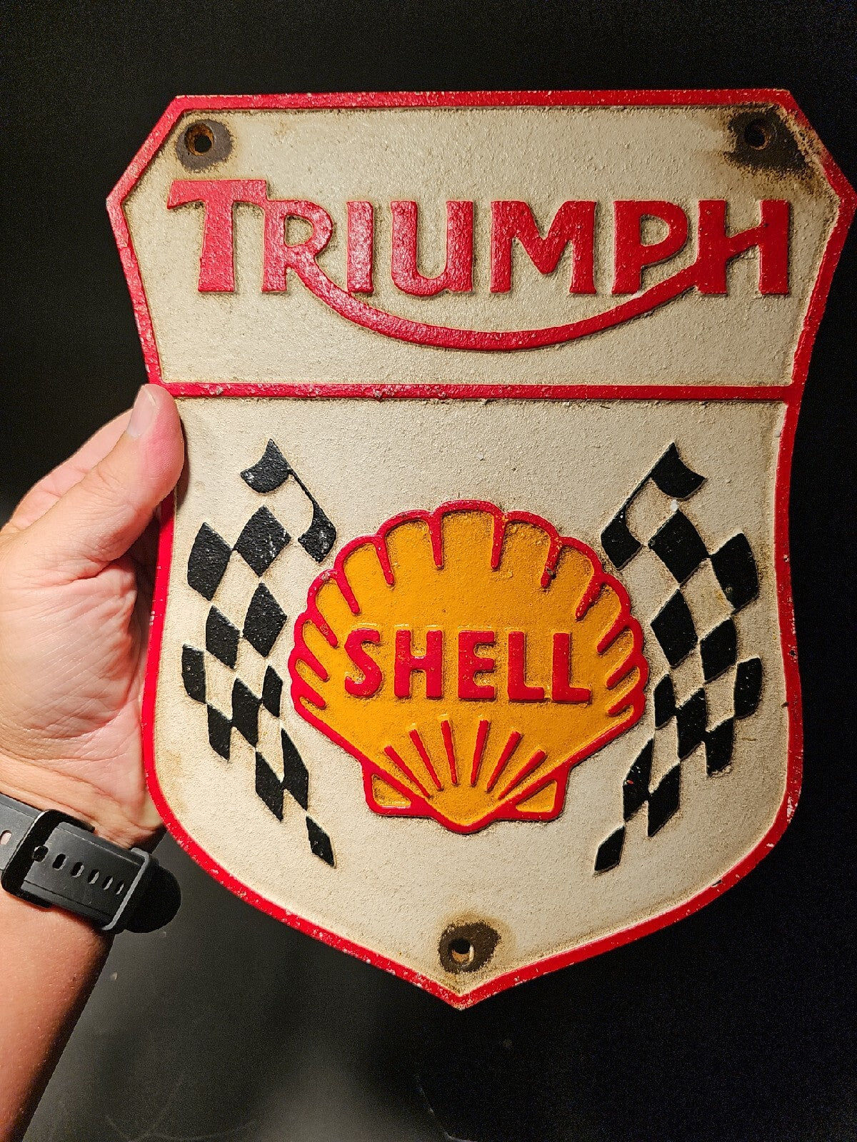 Antique Vintage Style Cast Iron Triumph Shell Gas Oil Sign Plaque