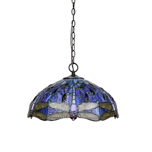 18" Stained Glass Blue Dragonfly Pendant Swag Ceiling Light