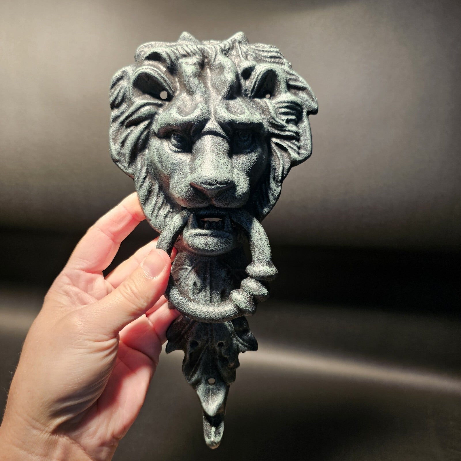 Antique Vintage Style Cast Verdi Green Iron Lion Door Knocker w Hook