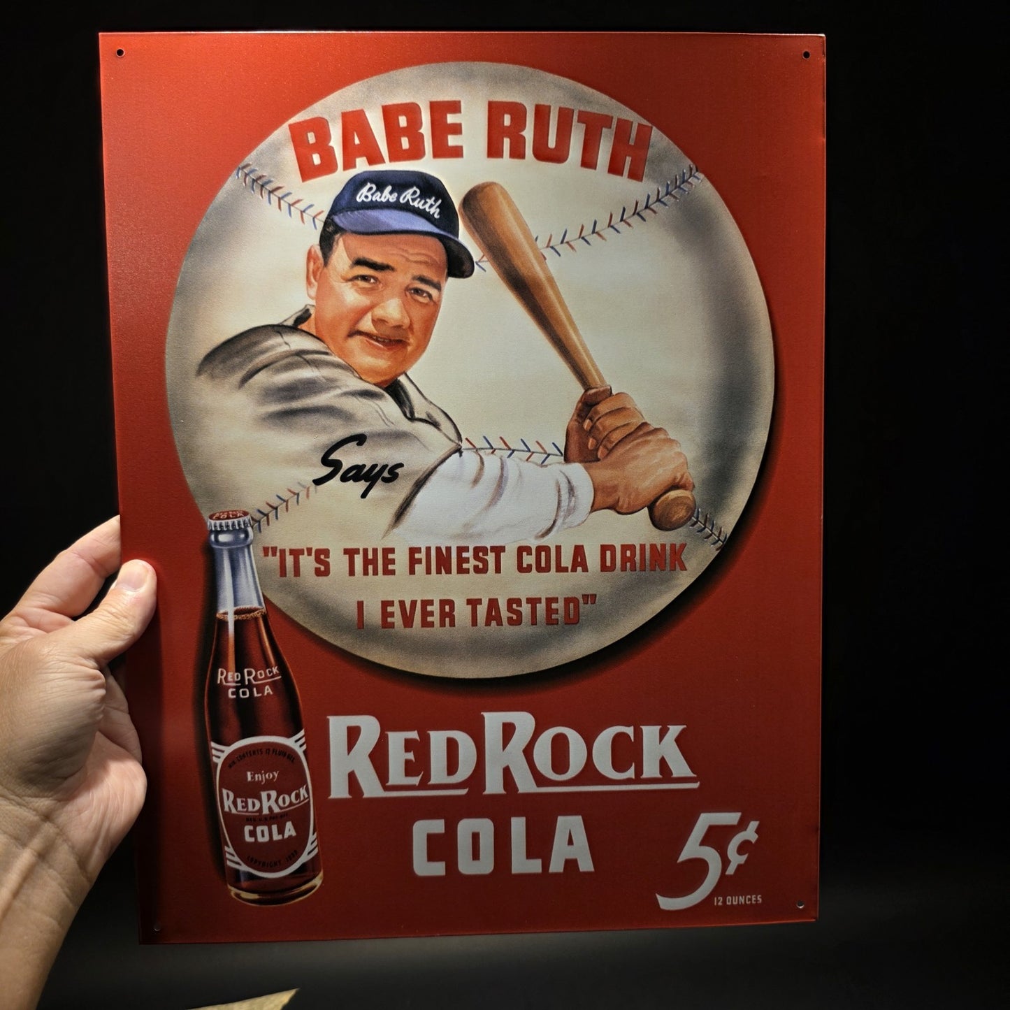 16" Vintage Style Babe Ruth Baseball Red Rock Cola Advertising Sign