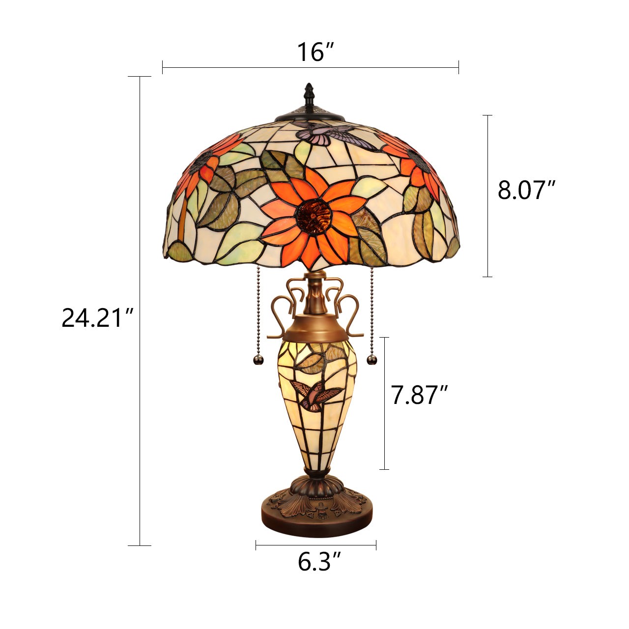 24.21" Antique Vintage Style Stained Glass Sunflower Lighted Base Table Lamp