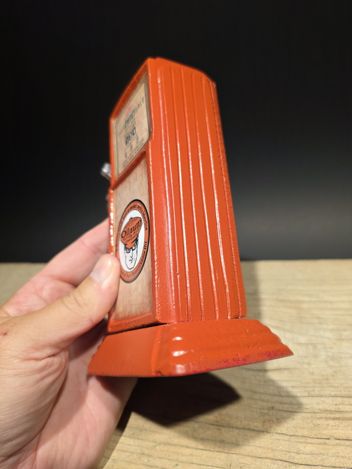 Vintage Style Metal Oilzum Gasoline Orange Mini Gas Pump Coin Bank